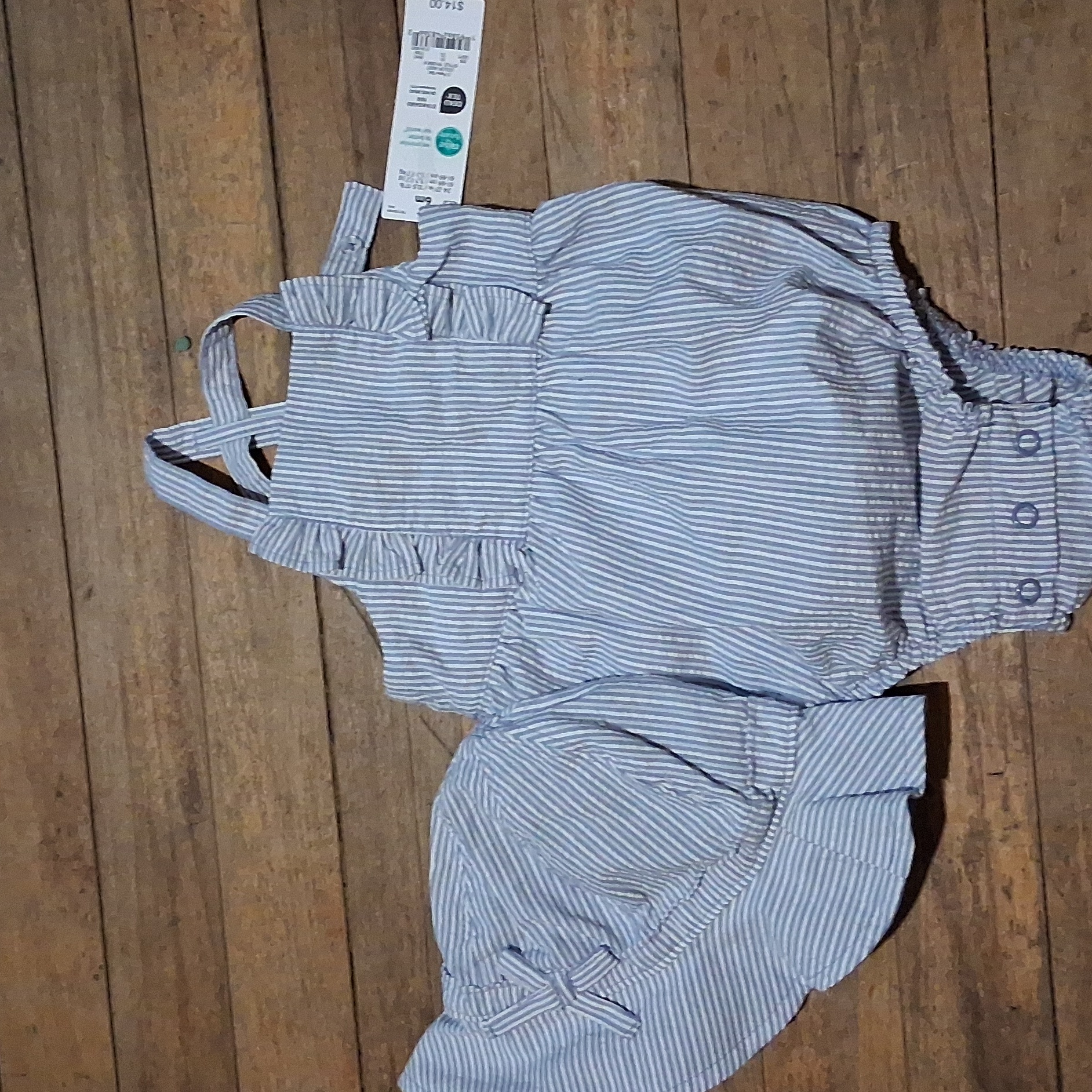 Blue And White Striped Baby Romper With Matching Sun Hat